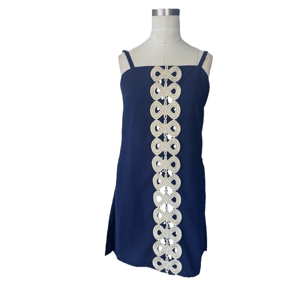 Lilly Pulitzer Sahar True Navy Gold Lace Detail Crepe Shift Dress Romper NEW 00 - Picture 5 of 15